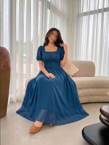Modelyn Women's French Elegant Square Neck Petal Sleeve Textured Pleated Chiffon Patchwork Long Dress Plus Size - Teal Blue - View 4