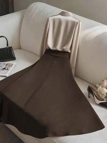 Franclia 2pcs Women's Elegant Shiny Fabric Top And Pleated Midi Skirt Set, Suitable For Layering Or Standalone Wear, Autumn/Winter - 彩色 - 查看 2