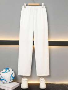 SHEIN Tween Boy Casual Solid Color Toothpick Pleat Decor Drawstring Elastic Waist Long Pants, Suitable For Autumn, Spring, Winter, Ideal For Outdoor Play, School, Street Style, Party Casual, High Cost-Performance - White - View 3
