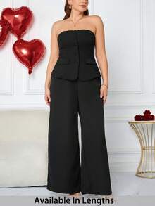 SHEIN Tall CURVE 大码女士优雅约会之夜纯色露肩西装外套套装，适合工作制服、办公室、仙女、美人鱼风格 - 黑色 - 查看 1