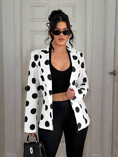 SHEIN SXY Women's Polka Dot Pattern Lapel NeckLong Sleeve Casual Blazer