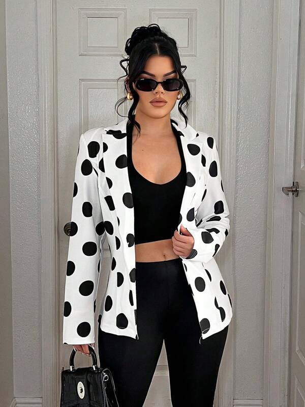 SHEIN SXY Women's Polka Dot Pattern Lapel NeckLong Sleeve Casual Blazer