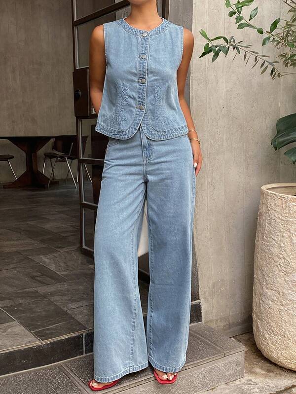 DAZY Women's 3D Floral Decor Round Neck Sleeveless Open Front Vest And Loose Straight Leg Pants Vacation Style Denim Set