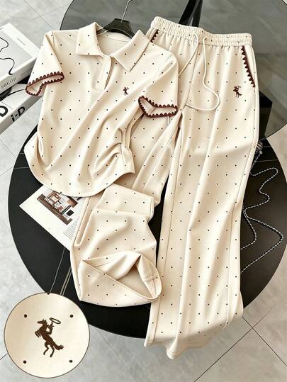 Resyla Polka Dot Digital Print Embroidered Shell Craft Fashion Minimalist Women's Collared T-Shirt + Pants Set, Gift For Friends