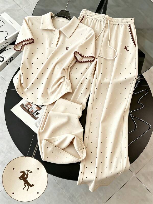 Resyla Polka Dot Digital Print Embroidered Shell Craft Fashion Minimalist Women's Collared T-Shirt + Pants Set, Gift For Friends