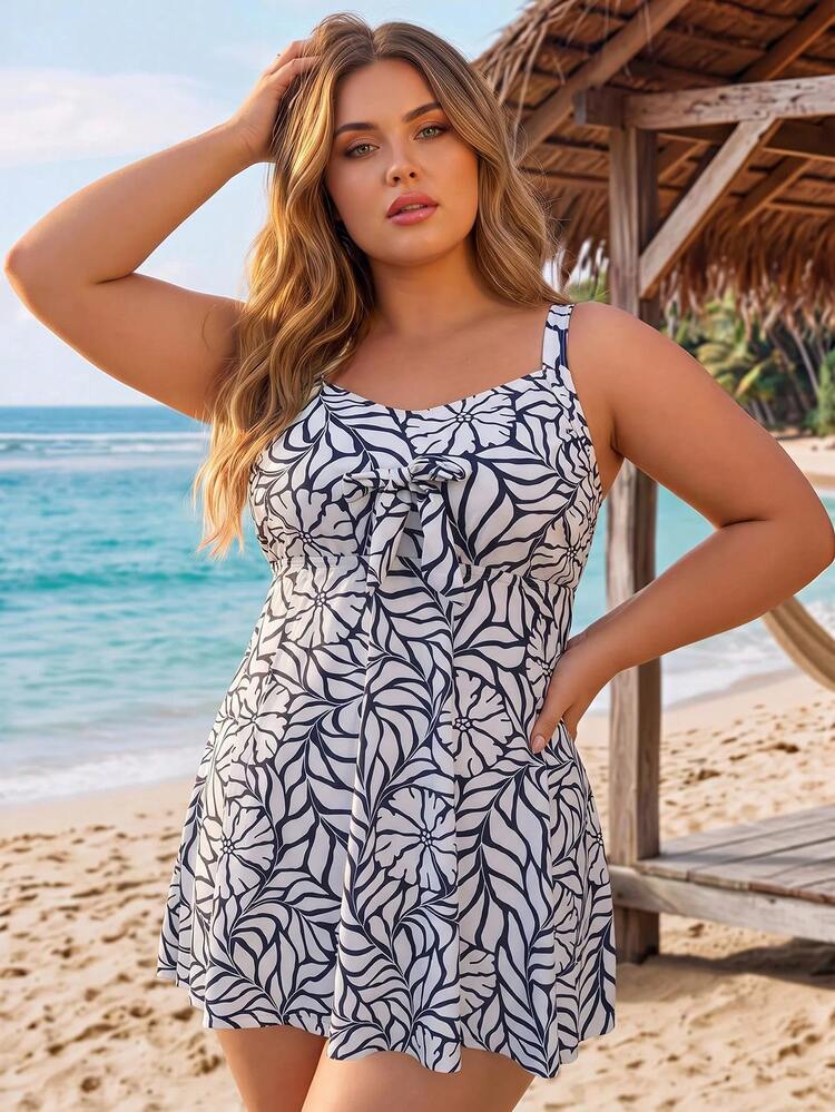 SHEIN CURVE+ 2026夏季新款性感遮腹印花大尺碼兩件式背心比基尼套裝，適合海灘度假 - 彩色 - 查看 5