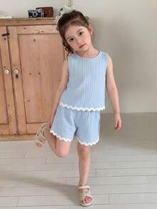 Elladie kids 女童（小号）纹理面料撞色下摆无袖上衣和休闲短裤T恤套装 - 藍色 - 查看 2