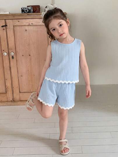 Elladie kids Girls Textured Fabric Contrast Hem Sleeveless Top & Casual Shorts Set,Summer Matching Family Vacation Cute Toddler Kids Clothes Girl Two Piece Outfit