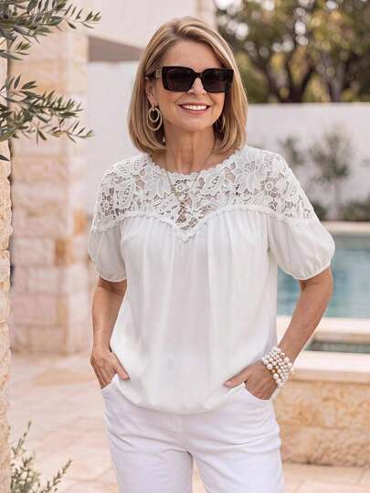 Miaspire Women Senior Elegant Lace Blouse, Chiffon Fabric, White, Loose Peplum Fit, Short Sleeve, Office Wear, Going Out, Vacation Holiday, Daily Fashion, Fall