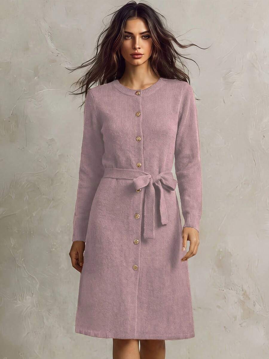 SHEIN Franclia 女士圆领纽扣腰带长款针织毛衣连衣裙 - 淡紫色 - 查看 1