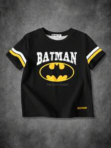 BATMAN X SHEIN 小男孩休闲卡通条纹字母印花短袖圆领T恤，舒适夏季 - 白色 - 查看 1