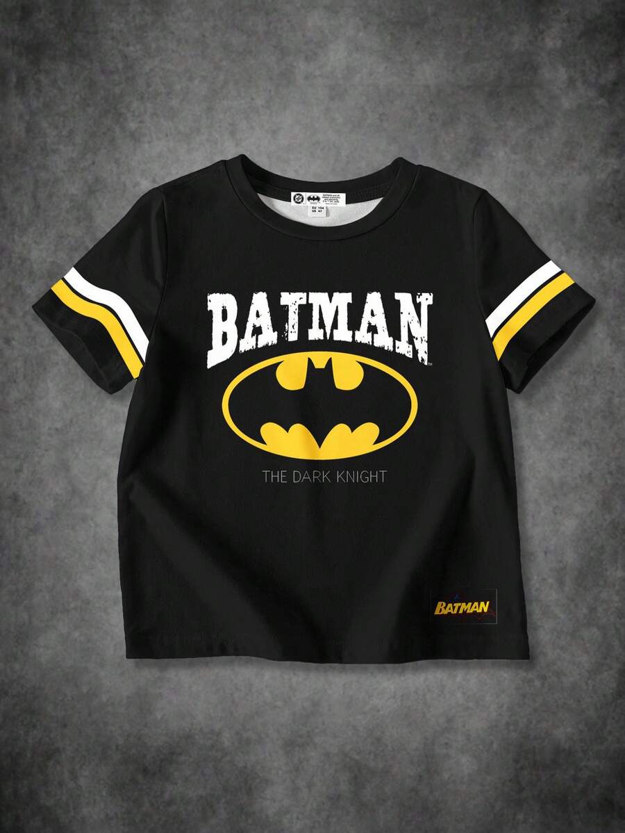 BATMAN X SHEIN 小男孩休闲卡通条纹字母印花短袖圆领T恤，舒适夏季 - 白色 - 查看 1