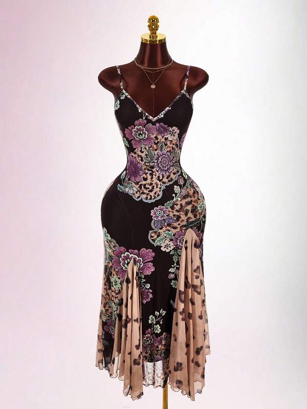 Amplova Women's Leopard Print Long Dress, Sexy Multi-Layered Insert Hem, Cute Backless Design, Minimalist Sexy Style, Suitable For Autumn/Winter Daily Wear