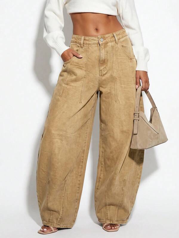 Normani Women's Low Waist Casual Loose Fit Pocket Button Wide Leg Denim Jeans