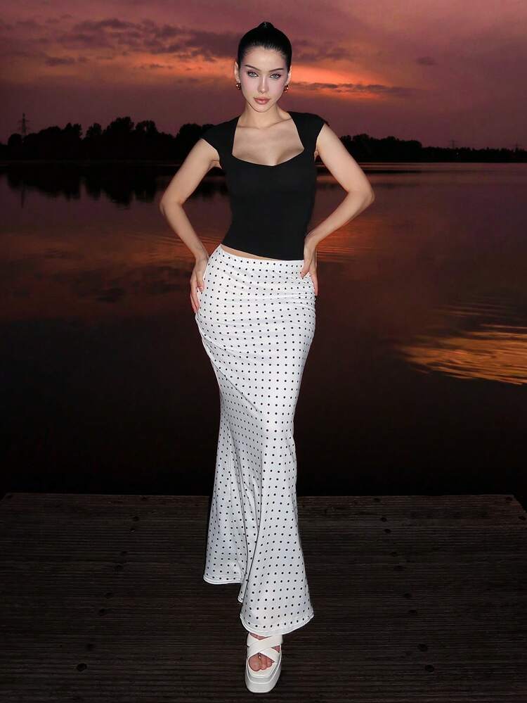 hhfernanda 女款波點印花白色夏季長款魚尾裙 - 白色 - 查看 6
