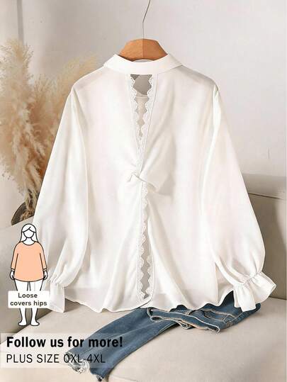 CosyJoli Plus Size Women's Casual Button Shirt, White Long Sleeve Blouse, Cute Outing With Lace Trim, Split Hem And Backless Design, Everyday Casual