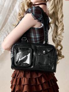 ROMWE Kawaii Japanese Style Fashion Minimalist School Girl JK Transparent Badge Shoulder Bag, Suitable For Daily, Commuting, Party, Anime Convention, Gift, Crossbody , Bags Ladies Elegant, Bags Ladies Elegant - Black - View 2