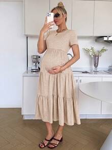 SHEIN 孕婦夏季休閒純色短袖洋裝 - 卡其色 - 查看 3