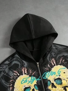 ROMWE MEN 男士骷髏與蛇紋印花寬鬆版型連帽衛衣 - 黑色 - 查看 2