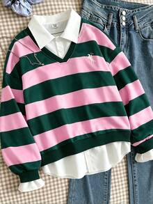 Genkimix Kids 休閒街頭風 2-in-1 衛衣 青少年女孩秋季服飾 亮粉色條紋印花長袖 白色小馬圖案 返校穿搭 女孩 - 彩色 - 查看 2