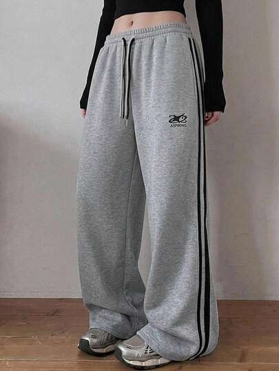 DAZY Women's Loose Casual Sport Streetwear Sweatpants With Contrast Side Stripes, Drawstring Waist, Elastic Waist, Pattern Embroidery, Drawstring Cuffs, Spring/Autumn