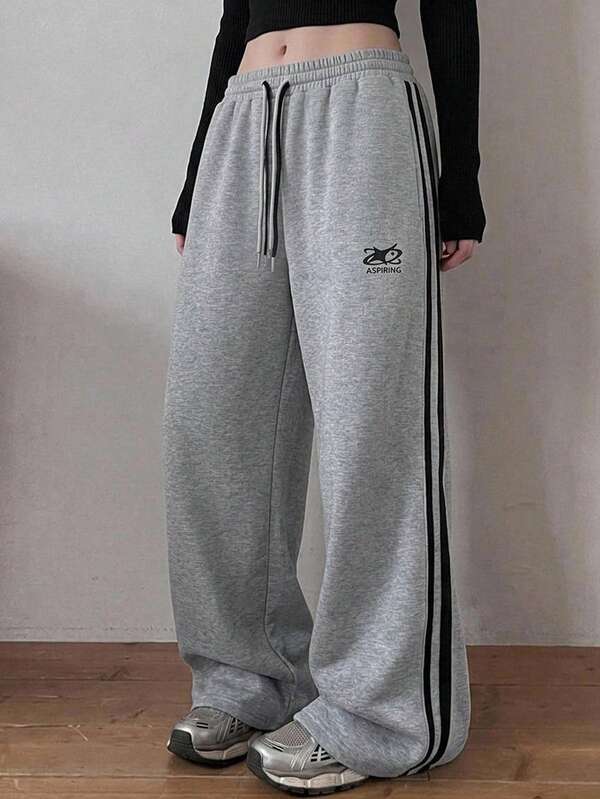 DAZY Women's Loose Casual Sport Streetwear Sweatpants With Contrast Side Stripes, Drawstring Waist, Elastic Waist, Pattern Embroidery, Drawstring Cuffs, Spring/Autumn