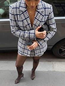 SHEIN SXY Plus Size Fashion Commuter Office Formal Houndstooth Blazer White And Blue Autumn Elegant - Multicolor - View 2