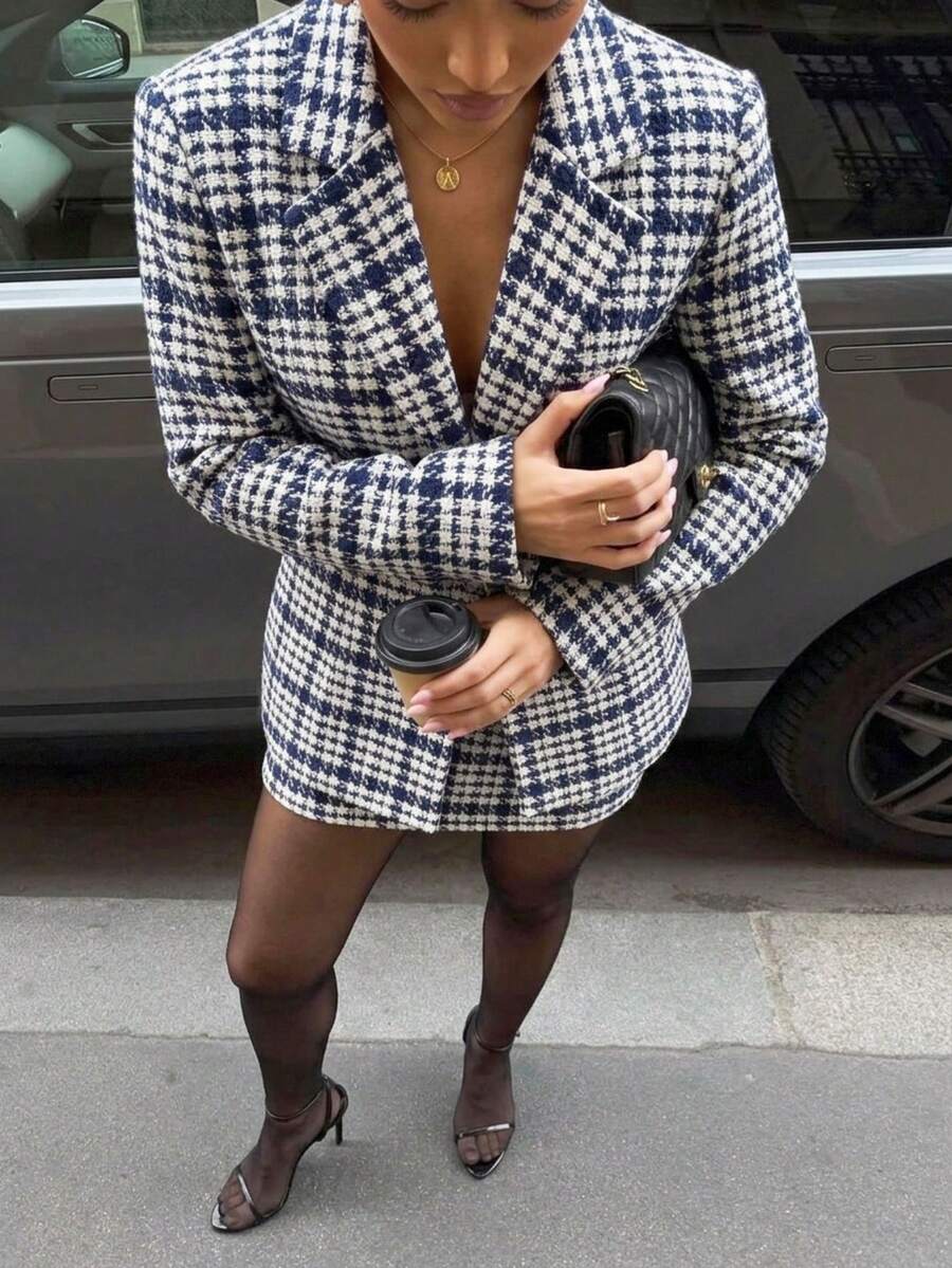 SHEIN SXY Plus Size Fashion Commuter Office Formal Houndstooth Blazer White And Blue Autumn Elegant