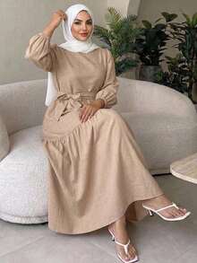 Dazy Plus Khaki Round Neck Loose Long Sleeve Tie-Front Elegant Commuter Mid-Length Dress, Spring/Autumn New Style - Khaki - View 6