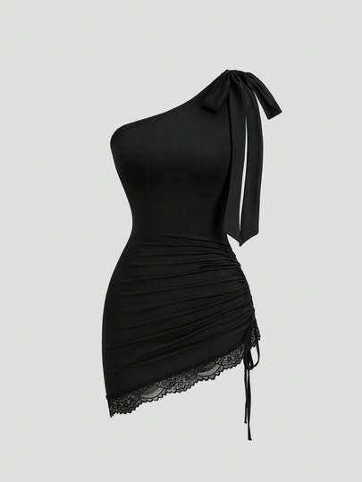 Sweetra Women's One Shoulder Tie Strap Side Drawstring Lace Trim Short Dress, Casual Daily Wear, Minimalist Sexy Elegant Style