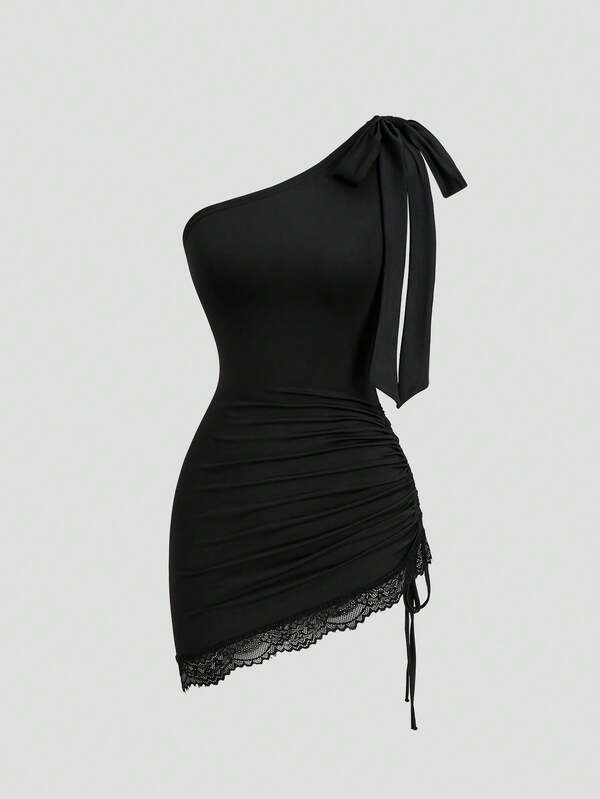 Sweetra Women's One Shoulder Tie Strap Side Drawstring Lace Trim Short Dress, Casual Daily Wear, Minimalist Sexy Elegant Style