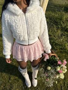 SHEIN MOD Chaqueta con capucha de manga larga con patrón de corazón y ribete esponjoso para mujer, para otoño e invierno, brunch, boda de otoño, homecoming, años 90, chaquetas casuales con contraste esponjoso con cremallera y manga regular para uso diario casual - Blanco - Ver 1