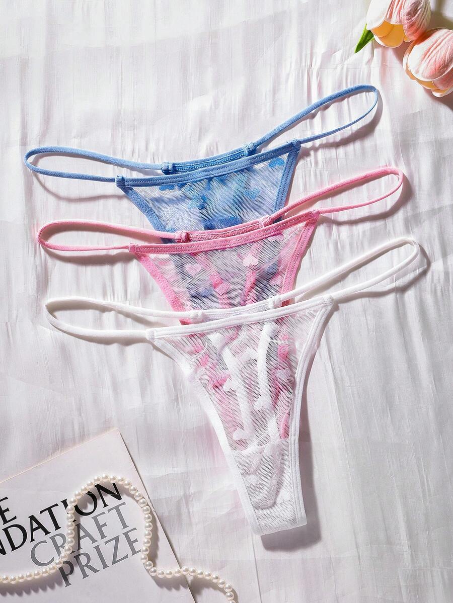 SHEIN 3件組浪漫蕾絲日式丁字褲 - 彩色 - 查看 1