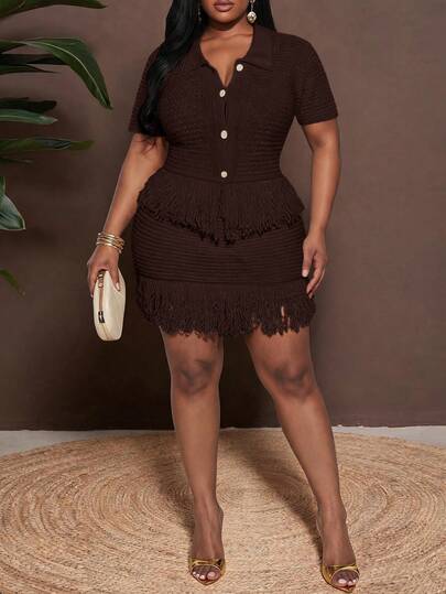 Veslaya 2026 Spring/Summer Women's Plus Size New Vacation Hotel Beach Cafe /Short Sleeve Lapel Top Design/Fringe Detail Accents/Slim Fit Skirt Cut/Low Saturation Sand Color Knit Set