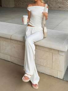 Sydney Algeri Apricot Knit Oblique Shoulder Fitted Casual Loungewear Set, Summer Elegant - Apricot - View 5