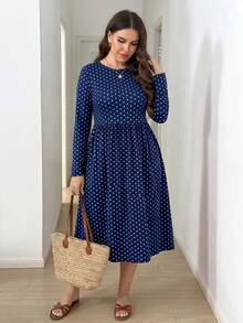 SHEIN LUNE Plus Size Polka Dot Cinched Waist Casual Dress Fall - Navy Blue - View 7