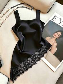 Cévolie Fashion Sexy Square Neck Satin Asymmetrical Hem Lace Trim Patchwork Tank Top - Black - View 2