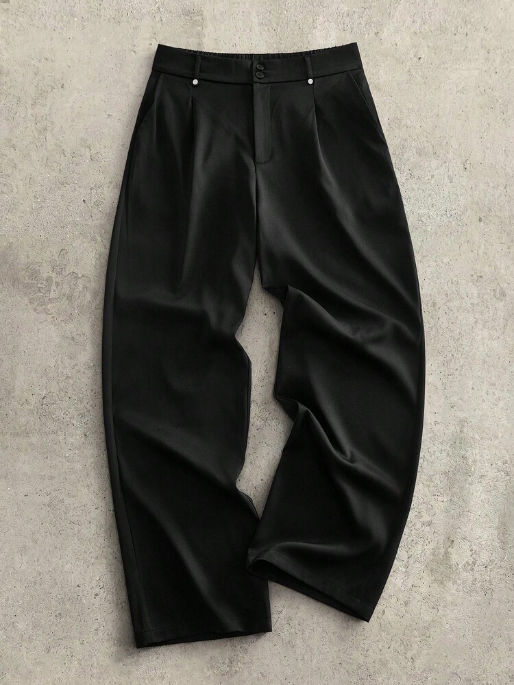 HIMLAND Men's Solid Color Pleated Casual Loose Fit Dress Pants - Black - View 2