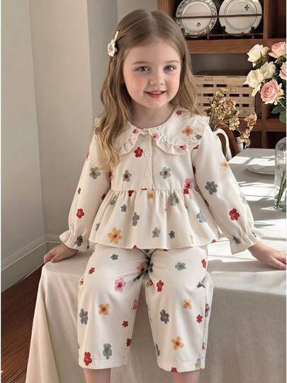 SHEIN Vintaside Kids Conjunto de top de manga larga con cuello tipo solapa y pantalones estilo universitario casual para niña bebé, adecuado para uso diario en otoño