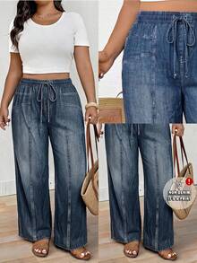 Lounesse Plus Size Casual Denim Effect Printed Pants Fall - Blue - View 7