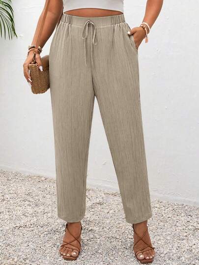 SHEIN Frenchy بنطال كاجوال بعقدة بلون سادة مناسب للعطلات بمقاسات كبيرة مع جيوب