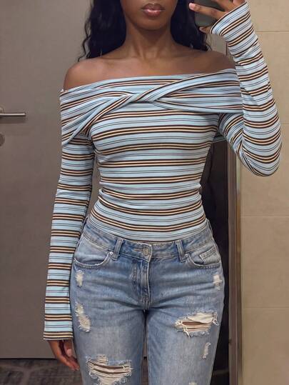 Lumivelle Women's Autumn New Top, Romantic Colorful Striped Off-Shoulder Top With Front Twist Detail, Slim Fit Long Sleeve Top With Flared Cuffs, Elegant And Versatile For Daily Commute, Fashionable Hot Girl Style, Romantic Date