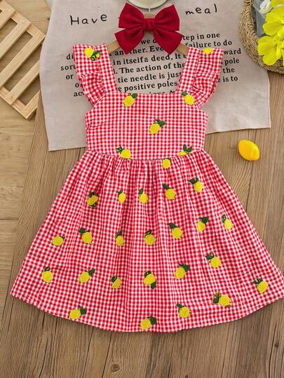 SHEIN LMoss Kids Young Girl Young Girl Young Girl Young Girl Young Girl Yellow Plaid T With Lemon Print For Vacation Style Cute Vacation Dress