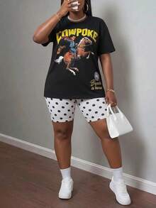 Slaydiva Plus Size Women's Letter & Character Print Short Sleeve T-Shirt And Polka Dot Print Base Shorts Set - Black and White - View 6