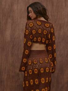 MUSERA Brown Sunflower Crochet Knit Crochet Top Only Summer Autumn Everyday Date Night Holiday Vacation Dazed - Brown - View 4