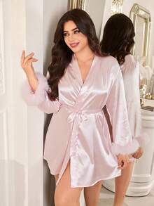 MuseNap CURVE Satin Light Pink Fur Trim Cuff Bow Waist Tie Plus Size Robe - Baby Pink - View 5