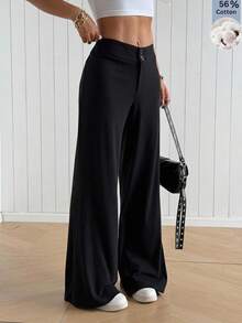 SHEIN EZwear 休閒百搭通勤黑色喇叭褲 - 黑色 - 查看 1