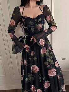 Feyla 女款花卉印花優雅收腰派對中長洋裝 - 黑色 - 查看 6