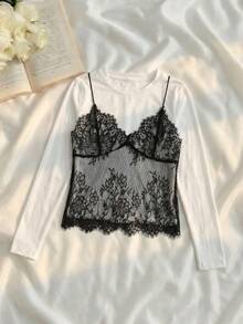 SHEIN MOD Women's Long Sleeve White 2 In 1 Lace Patchwork Crew Neck Cropped T-Shirt Date Everyday Autumn French Elegant.Halloween.Back To School. - Black and White - View 5