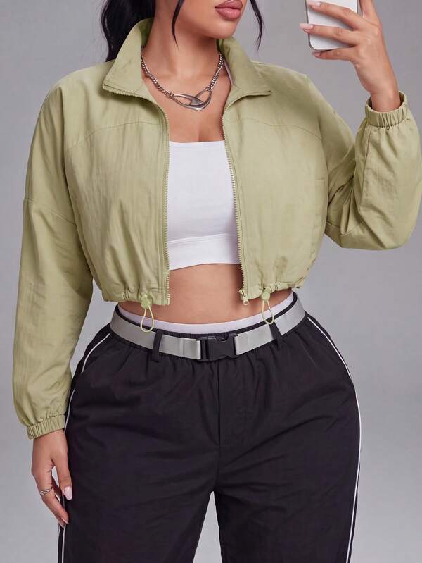 Innovista Innovista Chaqueta deportiva de mujer talla grande de unicolor con manga larga, cordón en el bajo y cremallera delantera
